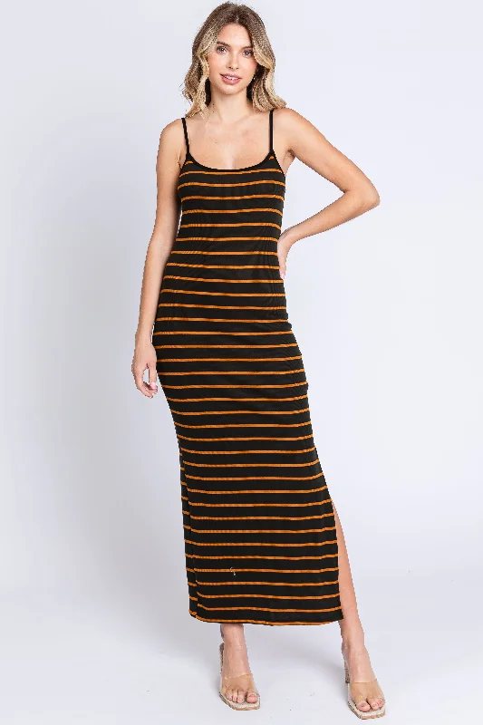 Black Striped Ribbed Side Slit Midi Dress Cozy Midi Dress with Pockets