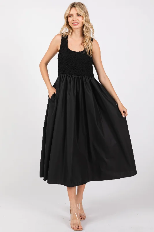 Black Textured Scoop Neck Sleeveless Midi Dress Elegant Floral Skirt Midi Dress