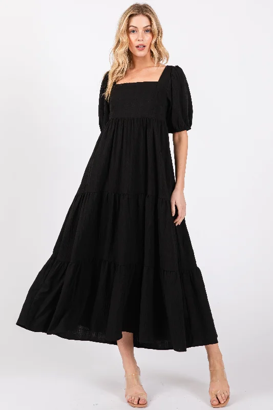 Black Textured Tiered Midi Dress Stylish Button-Down Midi Dress