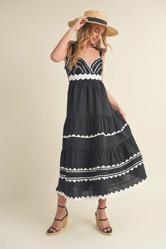 Black Tiered Trim Midi Dress Fashionable Shift Midi Dress