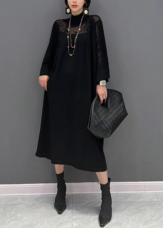 Black Turtleneck Hollow Out Knit Maxi Dress Fall Trendy Maxi Dress with Belt