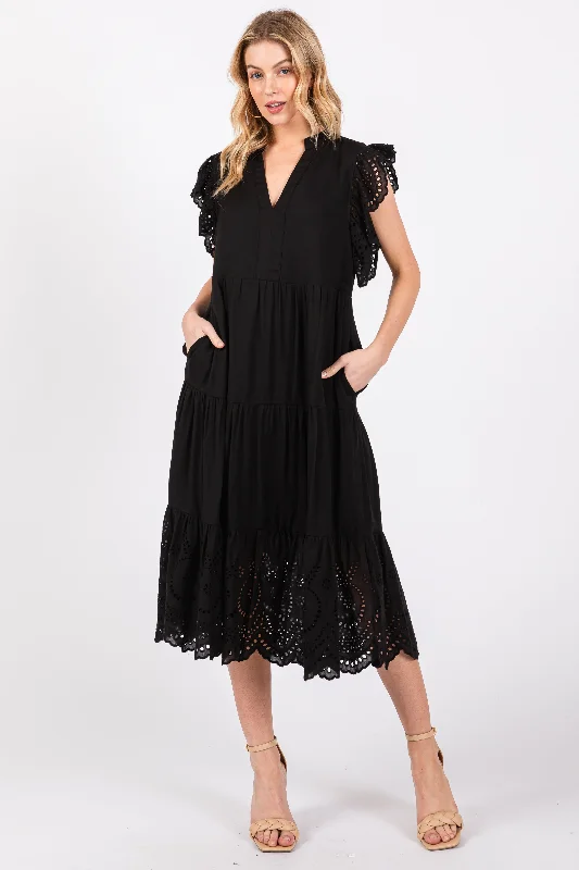 Black V-Neck Eyelet Detail Ruffle Shoulder Tiered Midi Dress Trendy Boho Midi Dress