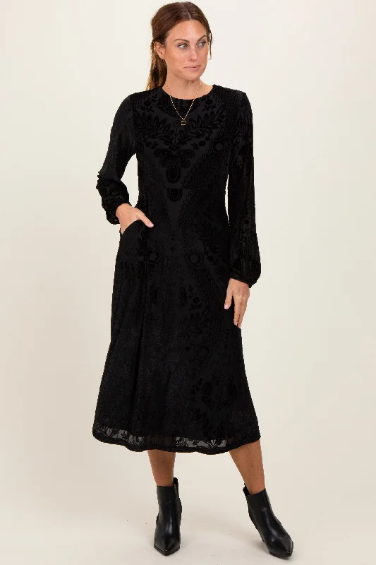 Black Velvet Damask Midi Dress Cozy Tie-Dye Midi Dress