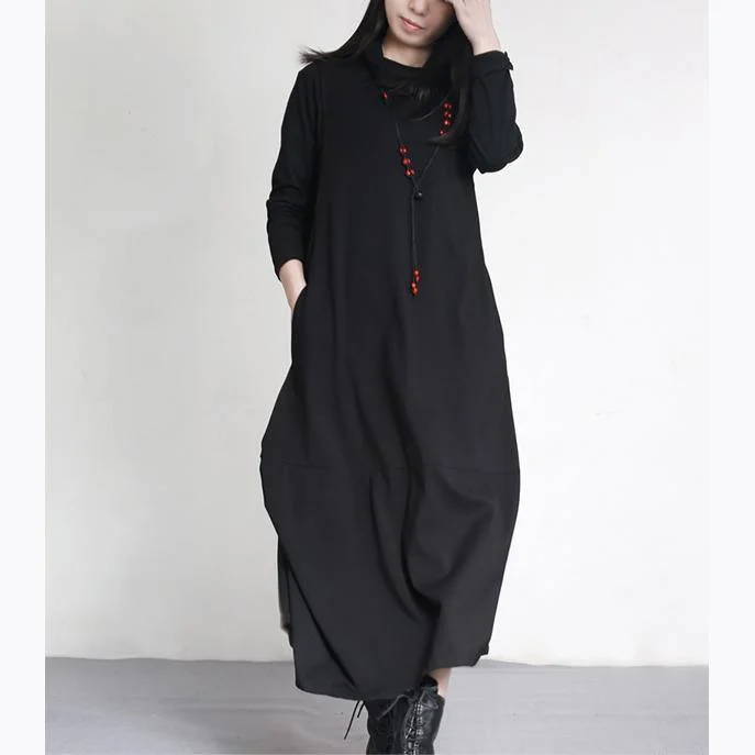 black vintage black cotton dresses oversize high neck maxi dress cozy autumn gowns Fashionable Button-Down Maxi Dress