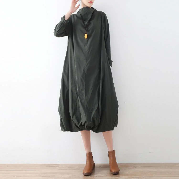 blackish green autumn warm stylish cotton maxi dresses oversize turleneck vintage lantern  dresses Classic Black Maxi Dress