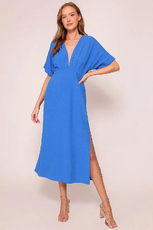 Blue Airy Midi Dress Comfortable Button Front Midi Dress