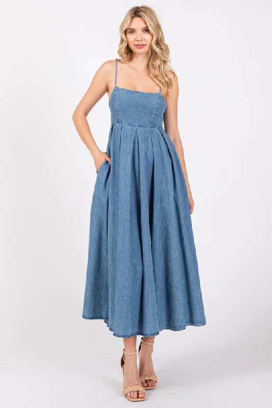 Blue Back Tie Straight Neck Maternity Midi Dress Cozy Wide Strap Midi Dress