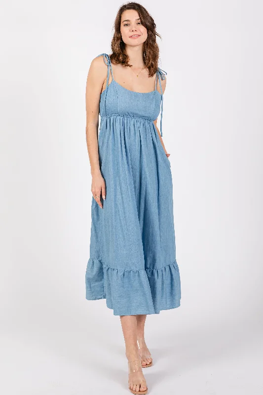 Blue Chambray Sleeveless Ruffle Hem Midi Dress Trendy Bodycon Midi Dress