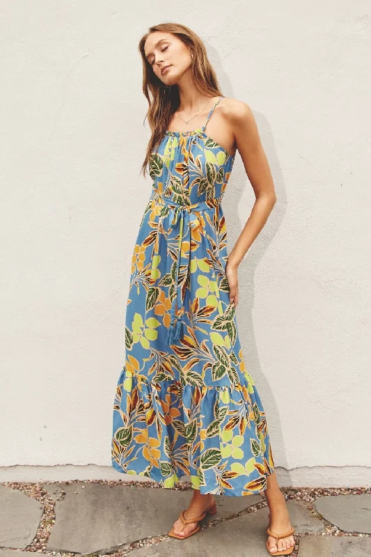 Blue Floral Open Back Midi Dress Trendy Boho Midi Dress