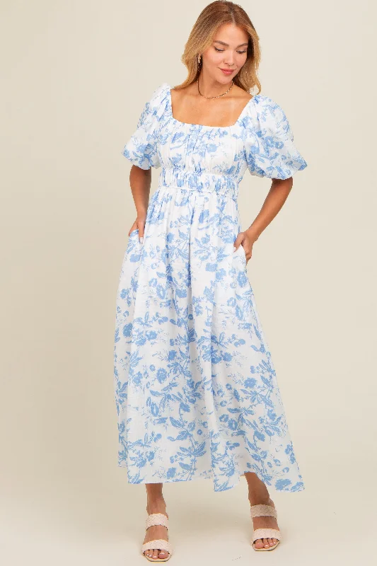 Blue Floral Puff Sleeve Midi Dress Trendy Fit-and-Flare Midi Dress