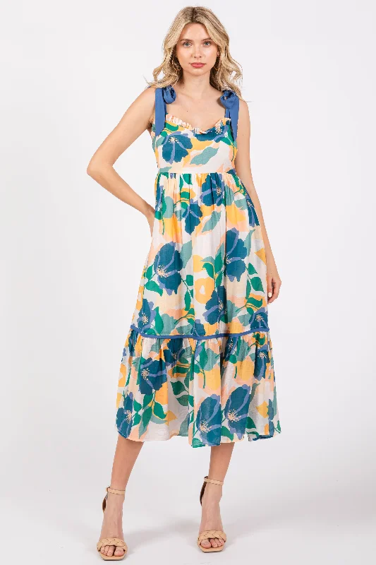 Blue Floral Shoulder Strap Midi Dress Chic Bohemian Midi Dress