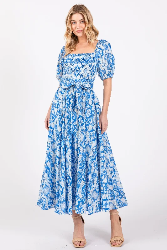 Blue Floral Smocked Short Puff Sleeve Midi Dress Elegant Satin Midi Dress