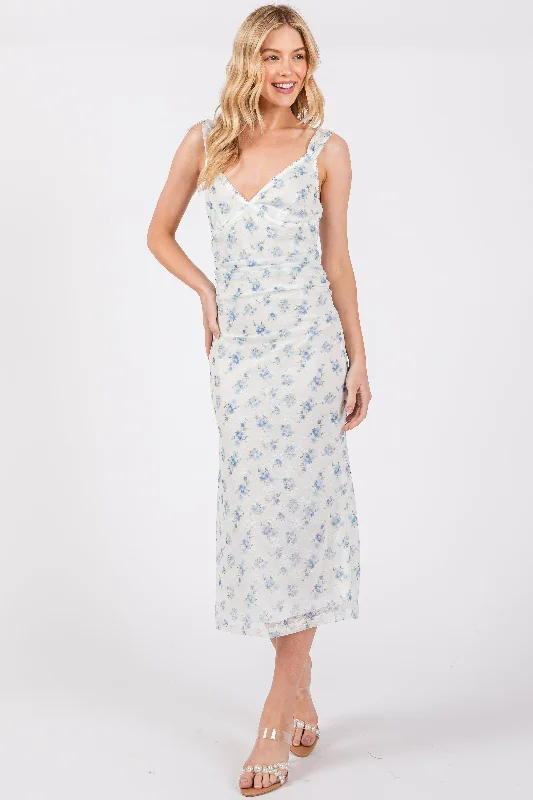 Blue Floral V-Neck Sleeveless Midi Dress Comfortable Sleeveless Midi Dress