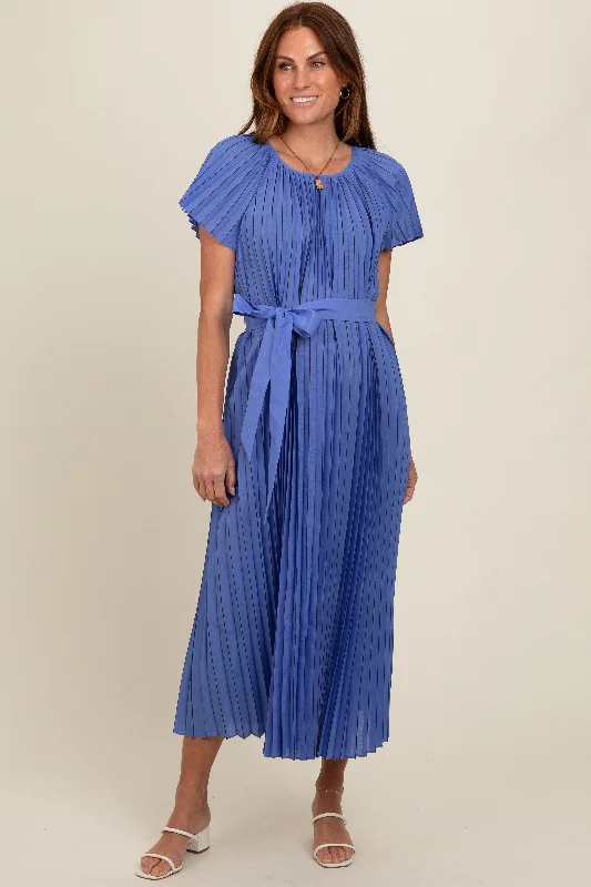 Blue Pleated Sash Tie Midi Dress Chic Bohemian Midi Dress