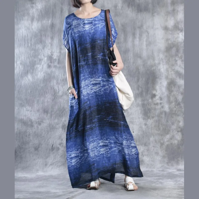 Blue print maxi dresses linen dress plus size caftans Casual Maxi Dress with Pockets