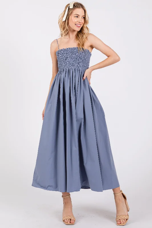 Blue Smocked Pocketed Midi Dress Stylish High-Waisted Midi Dress