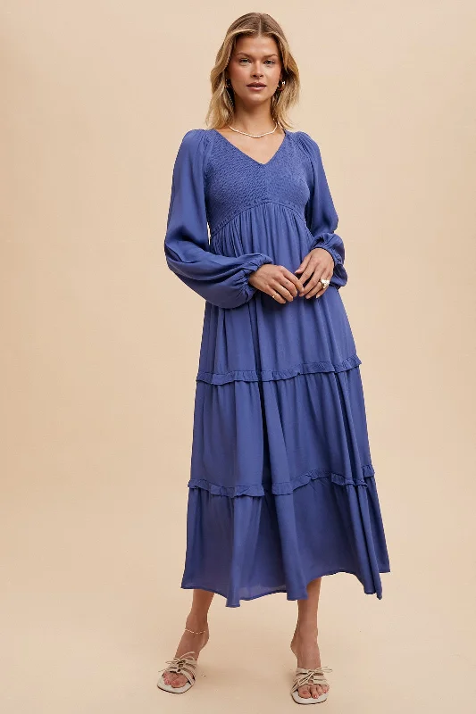 Blue Smocked Tiered Midi Dress Stylish Vintage Midi Dress