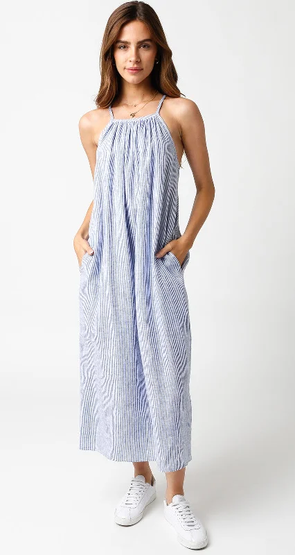 Blue Striped Linen Midi Dress Trendy Mock Neck Midi Dress