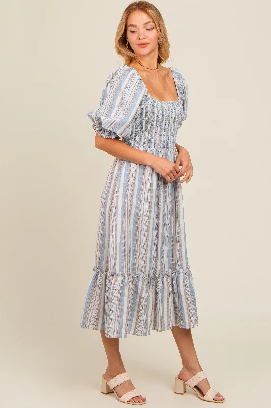 Blue Striped Smocked Puff Sleeve Midi Dress Stylish Off-Shoulder Ruffle Dress