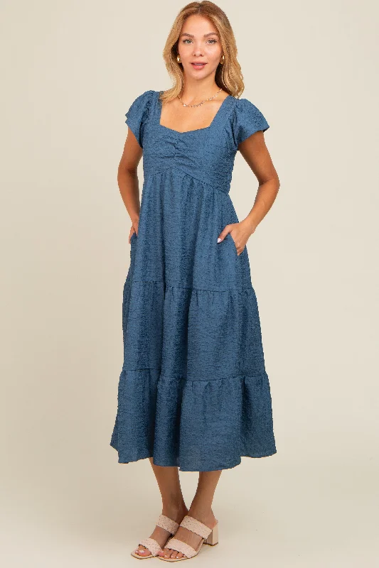 Blue Textured Sweetheart Neck Short Puff Sleeve Tiered Midi Dress Comfortable Deep V Midi Dress