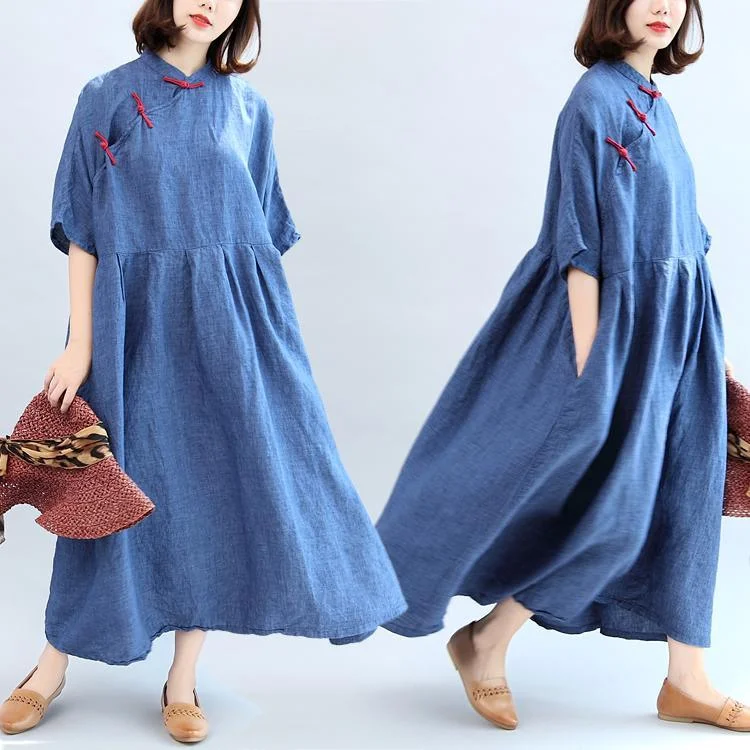 blue vintage linen dresses plus size casaul Chinese Button o neck maxi dress Stylish Long Sleeve Maxi Dress