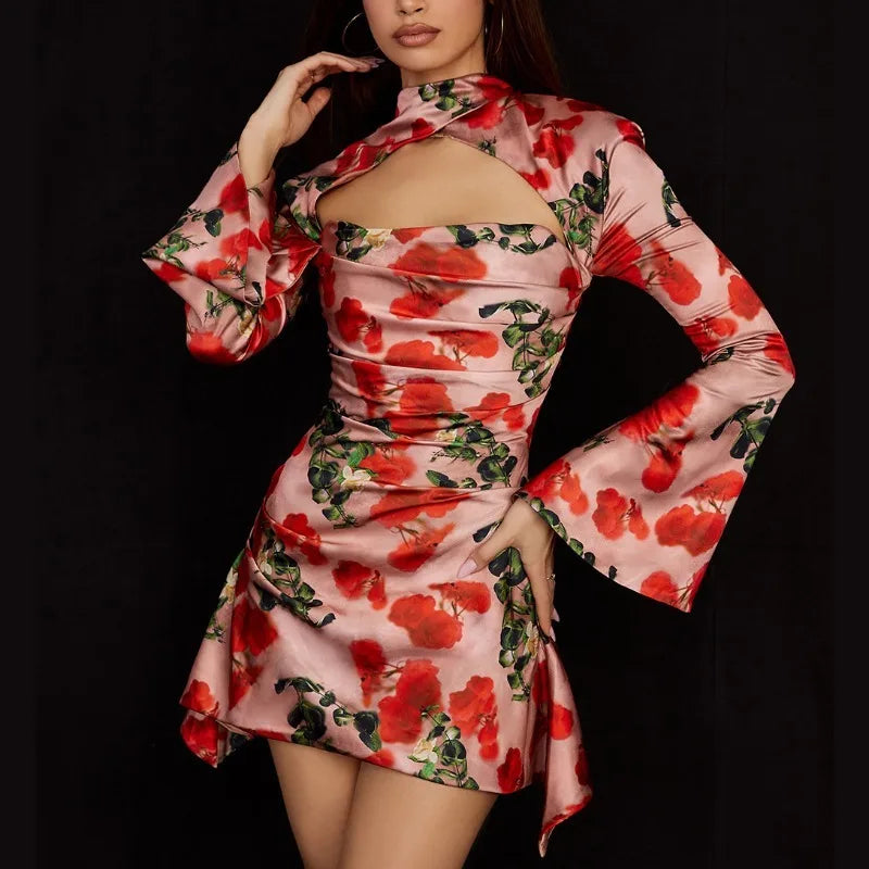 Bodycon Satin Print Sexy Hollow Out Long Sleeve Lady Elegant Party Mini Dress Casual Mini Dress with Pockets
