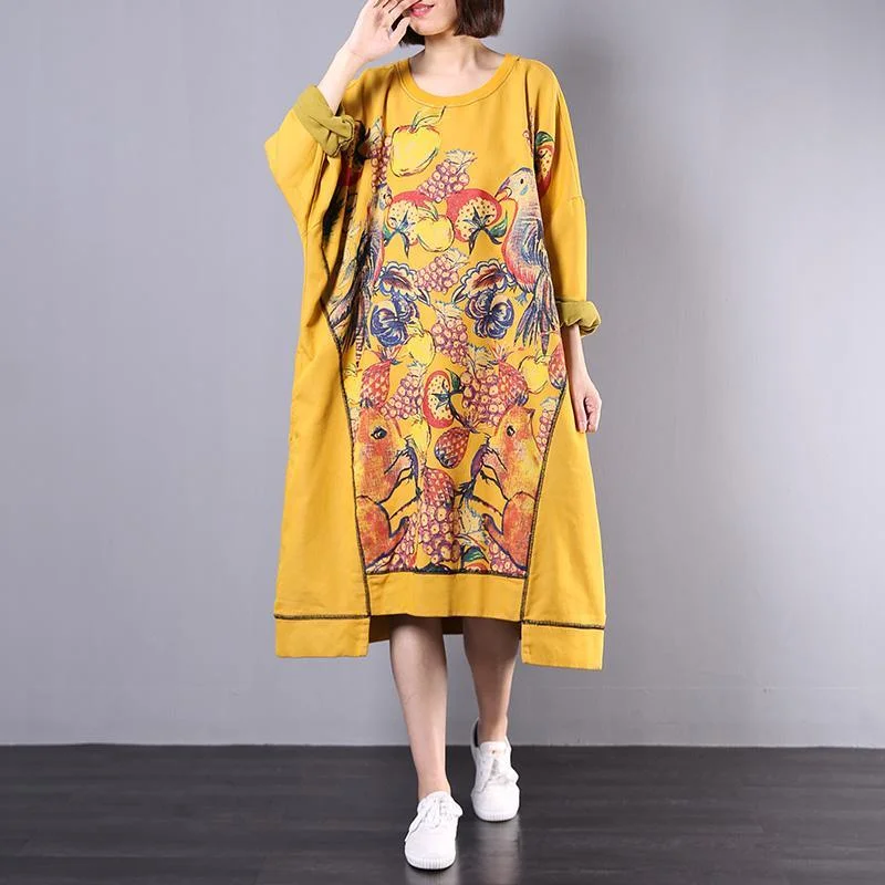 Bohemian asymmetric hem cotton Wardrobes design yellow prints Maxi Dresses fall Cozy Maxi Dress with Slit