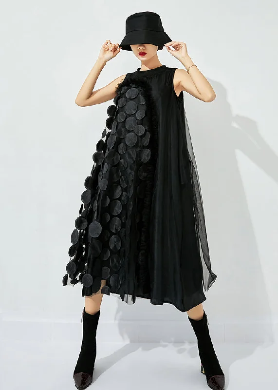 Bohemian Black Asymmetrica Patchwork Wrinkled Tulle Maxi Dress Sleeveless Stylish One-Shoulder Maxi Dress