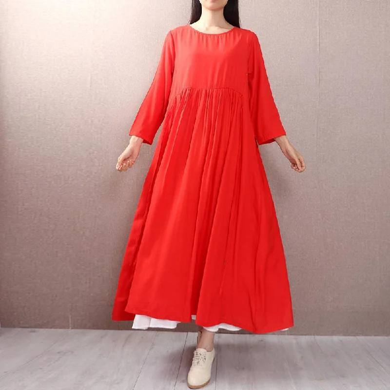 Bohemian high waist cotton quilting dresses Work red Maxi Dress autumn Trendy Fit-and-Flare Maxi Dress