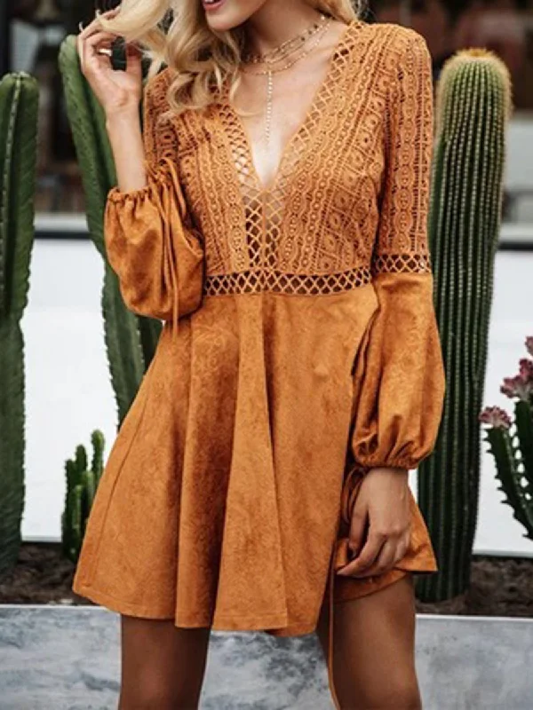 Bohemian Open Back Lace Long Bell Sleeve Mini Dress Comfortable Boho Mini Dress