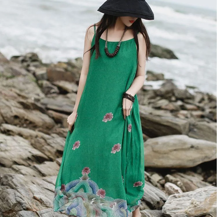 Bohemian Spaghetti Strap layered chiffon dresses 18th Century Inspiration green print Maxi Dress Summer Fashionable Faux Wrap Maxi Dress