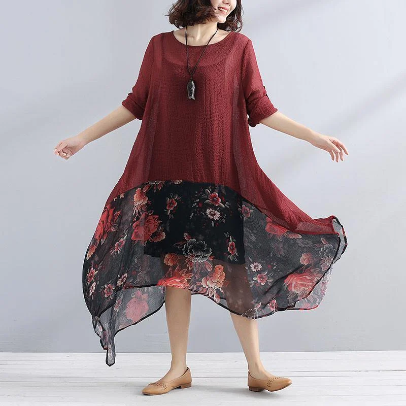 Bohemian Style Maxi Dresses Elegant Irregular Women Chiffon Linen Loose Floral Casual Splicing Red Dress Comfortable Maxi Dress with Sleeves