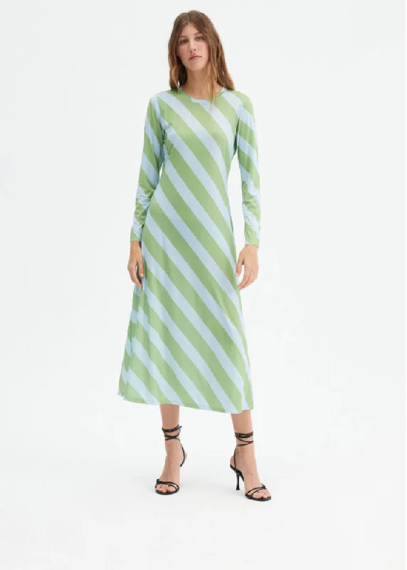 Bold Stripe Midi Dress Trendy Off-Shoulder Button Midi Dress