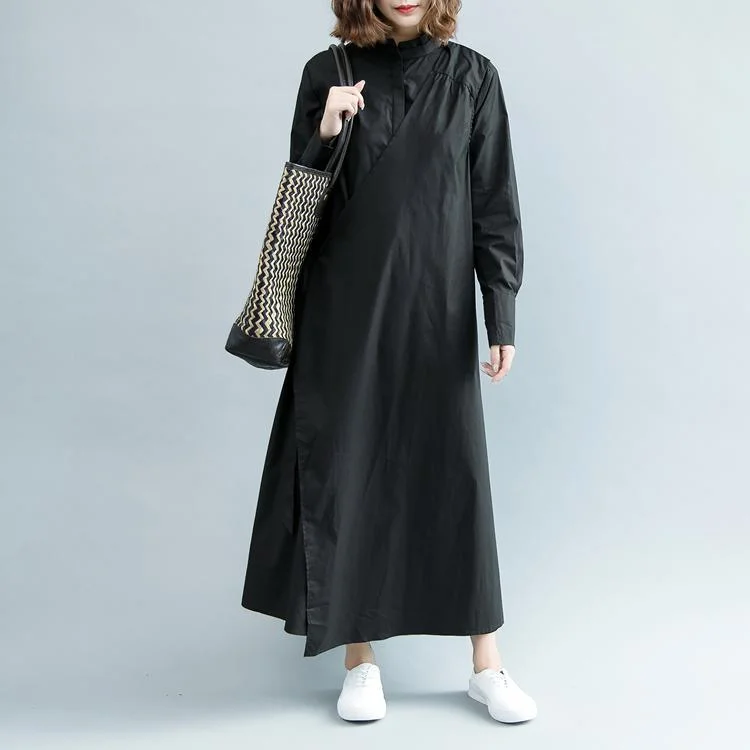 boutique black cotton maxi dress oversize Stand traveling dress women long sleeve tie waist cotton dresses Comfortable Satin Maxi Dress