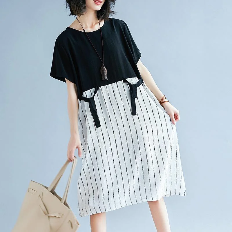 boutique black patchwork white cotton maxi dress trendy plus size striped  maxi dress Elegant short sleeve gown Cozy Ribbed Maxi Dress