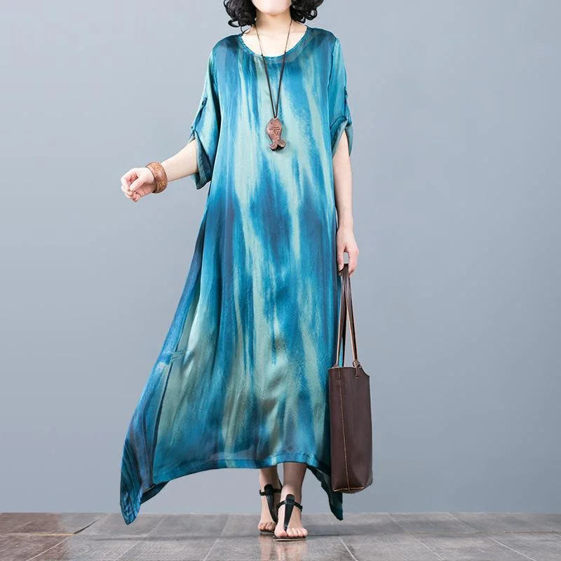 boutique blue  silk maxi dress trendy plus size asymmetric silk clothing dresses Fine o neck maxi dresses Stylish Button-Up Maxi Dress