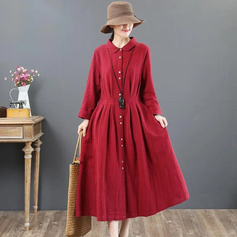 boutique burgundy linen maxi dress plus size lapel collar linen clothing dresses Fine tunic maxi dresses Trendy Off-Shoulder Ruffle Maxi Dress