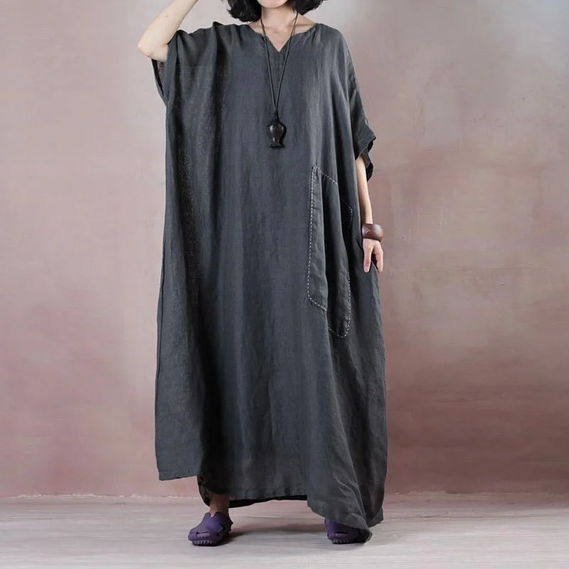 boutique dark gray cotton linen maxi dress oversize v neck pockets cotton linen gown  two pieces women half sleeve baggy dresses Chic Summer Floral Maxi Dress