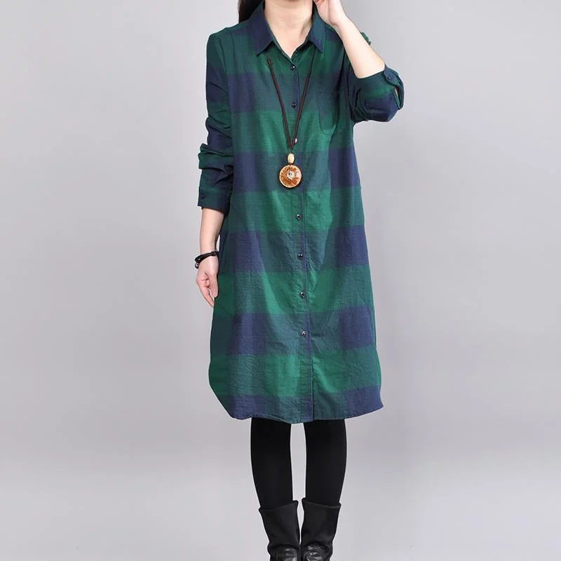 boutique green shirt cotton dress trendy plus size cotton maxi dress women long sleeve plaid cotton clothing Comfortable T-Shirt Maxi Dress