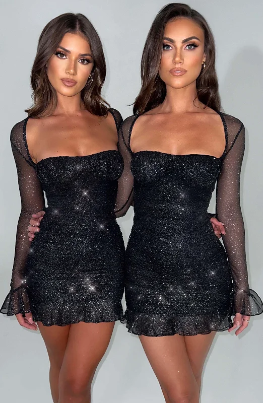 Brea Mini Dress - Black Sparkle Stylish Sweetheart Neck Mini Dress