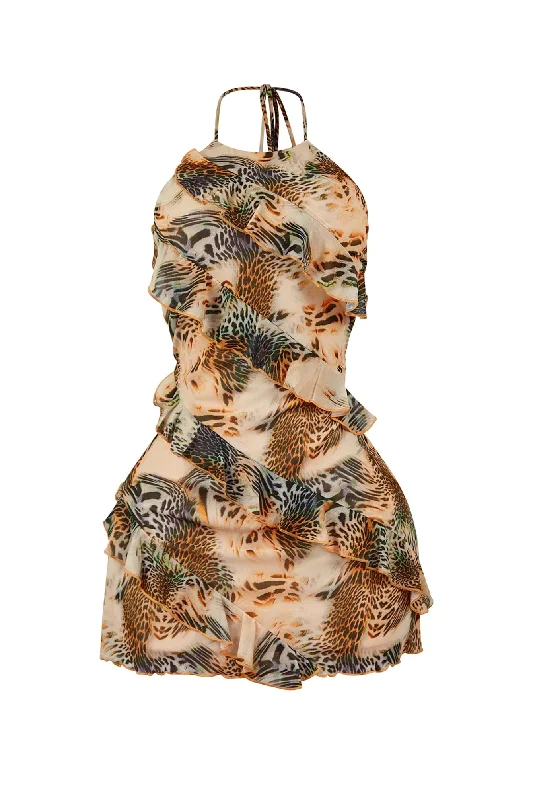 Breathless Mesh Print Ruffle Mini Dress Cozy Cowl Neck Mini Dress