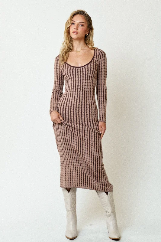 Brown Cable Knit Fitted Midi Dress Fashionable High-Low Midi Dress