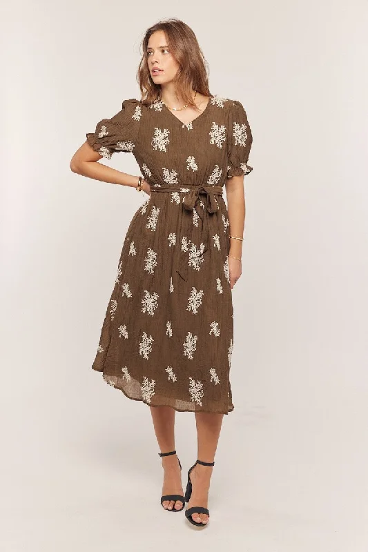 Brown Embroidered Sash Tie Midi Dress Trendy Bodycon Midi Dress