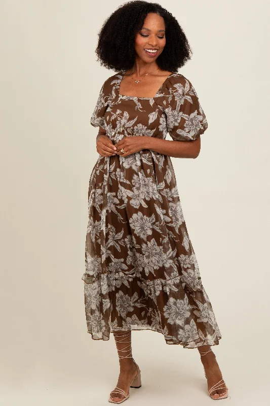 Brown Floral Chiffon Ruffle Hem Midi Dress Cozy Midi Dress with Pockets