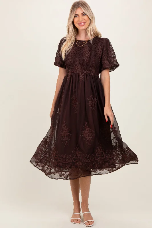 Brown Floral Embroidered Mesh Overlay Smocked Midi Dress Chic Bohemian Midi Dress