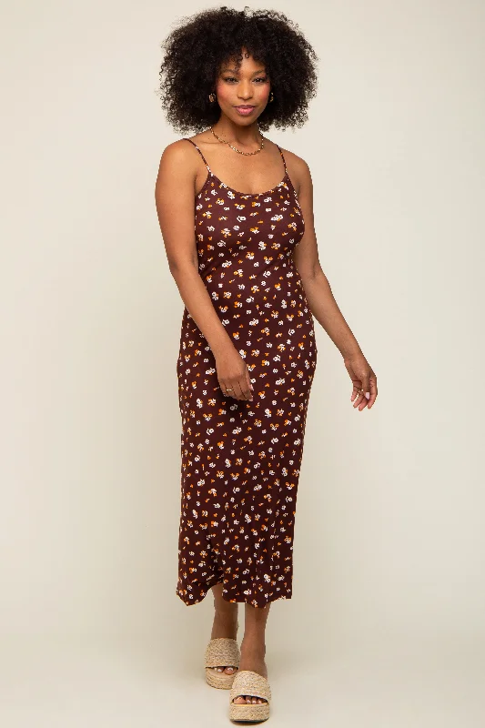 Brown Floral Sleeveless Midi Dress Trendy Long Sleeve Midi Dress