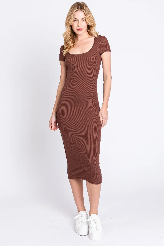 Brown Rib Knit Short Sleeve Midi Dress Elegant Satin Button Midi Dress