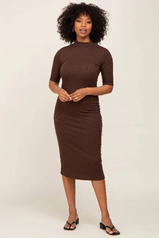 Brown Ribbed Mock Neck Midi Dress Fashionable Wide Leg Midi Dress