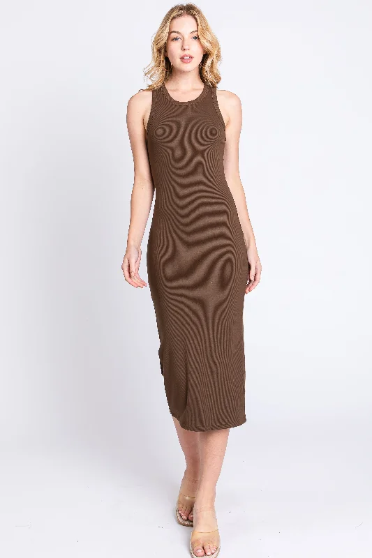 Brown Sleeveless Ribbed Fitted Midi Dress Chic Bohemian Midi Dress