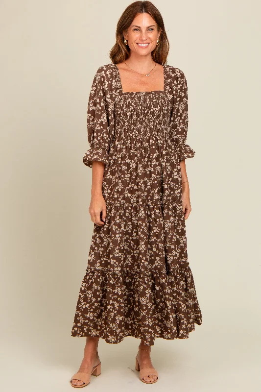 Brown Smocked Tiered Pocketed Midi Dress Cozy A-Line Midi Dress